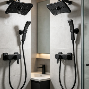 High Pressure Dual Shower Head Combo with Rainfall & Handheld, 4 Spray Settings, Tool-Free Installation, Stainless Steel Hose, Matte Black