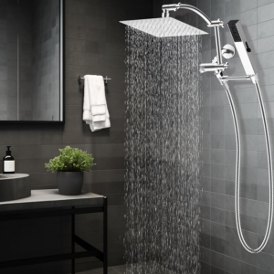 All-Metal Rainfall Shower Head, Dual Shower Head Combo with Handheld Sprays, High Pressure Shower Wand, Adjustable Extension Arm, Hose and Shower Holder, Chrome